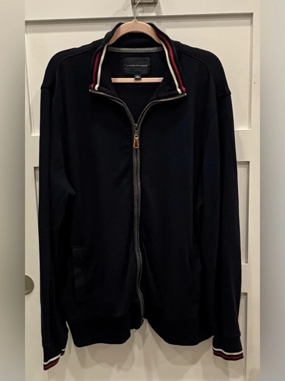 Banana Republic Men’s Navy Zip-Up Sweater Jacket with Red & White Trim
